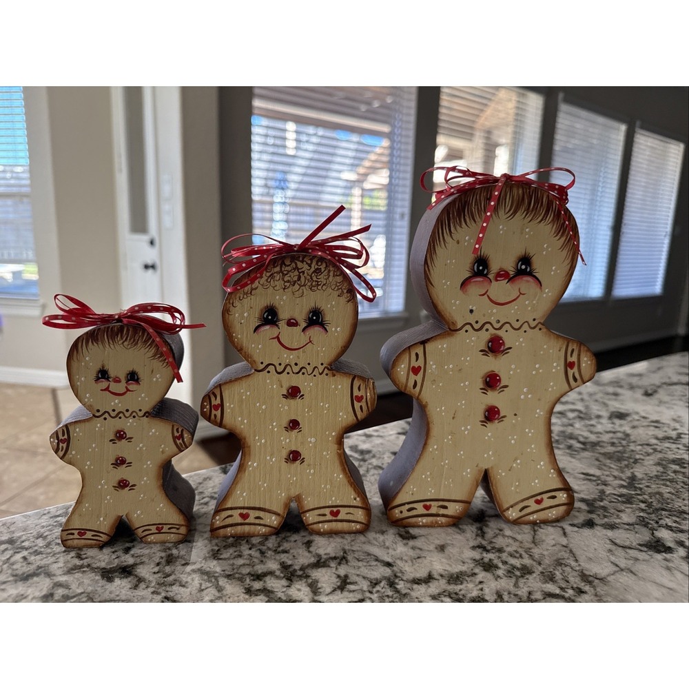 (3) Gingerbread Men Candleholders Wood Hand Painted Vintage Christmas READ